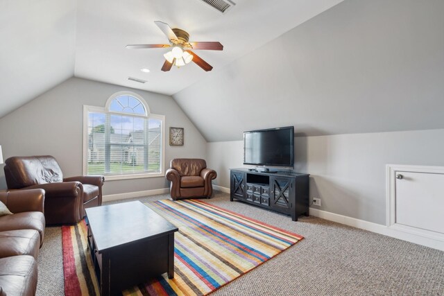 2335 Garrison Cv, Murfreesboro, TN 37130 - carpeted living area featuring a ceiling fan, vaulted ceiling, and baseboards