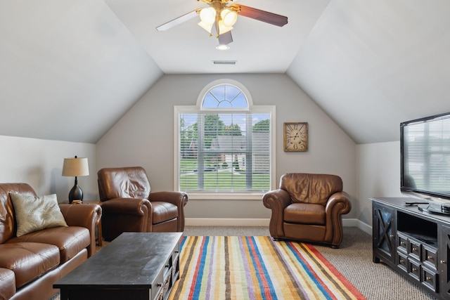 2335 Garrison Cv, Murfreesboro, TN 37130 - living room featuring a ceiling fan, carpet floors, baseboards, and lofted ceiling