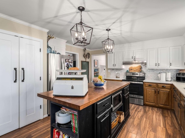 473 S Fishing Ford Rd, Petersburg, TN 37144 - kitchen with butcher block counters, appliances with stainless steel finishes, under cabinet range hood, a chandelier, and open shelves
