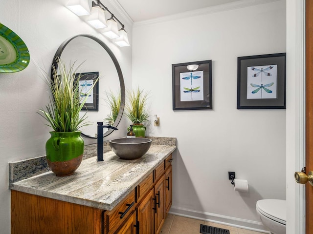 473 S Fishing Ford Rd, Petersburg, TN 37144 - half bath featuring vanity, baseboards, toilet, tile patterned flooring, and ornamental molding
