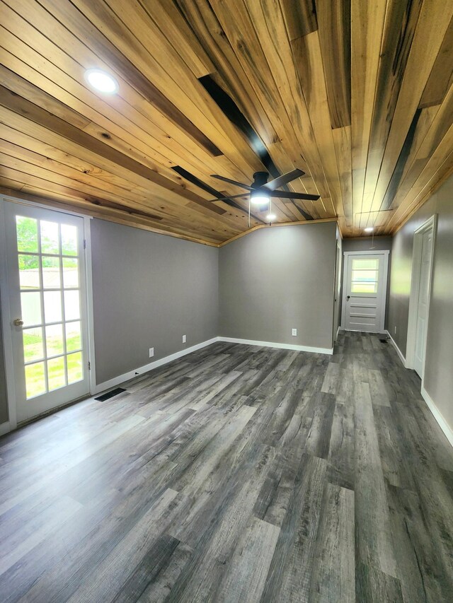 306 Johnson St, Lawrenceburg, TN 38464 - spare room featuring wooden ceiling, ceiling fan, dark wood-style floors, and baseboards