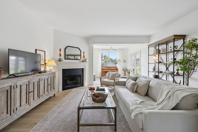 living room featuring a fireplace and light wood-style flooring