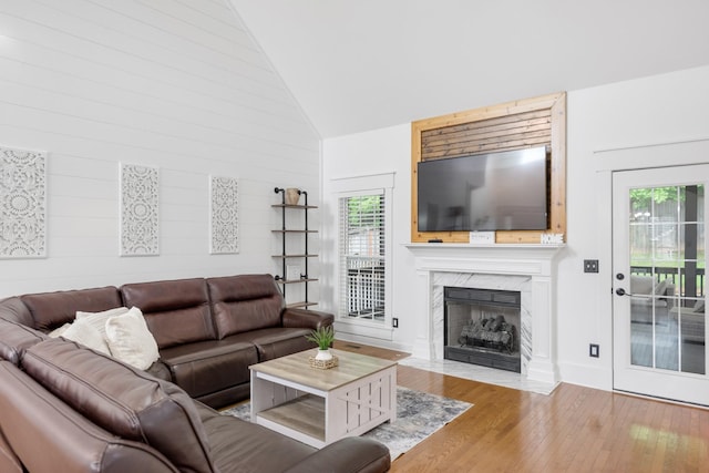 living room with lofted ceiling, wood-type flooring, and a fireplace