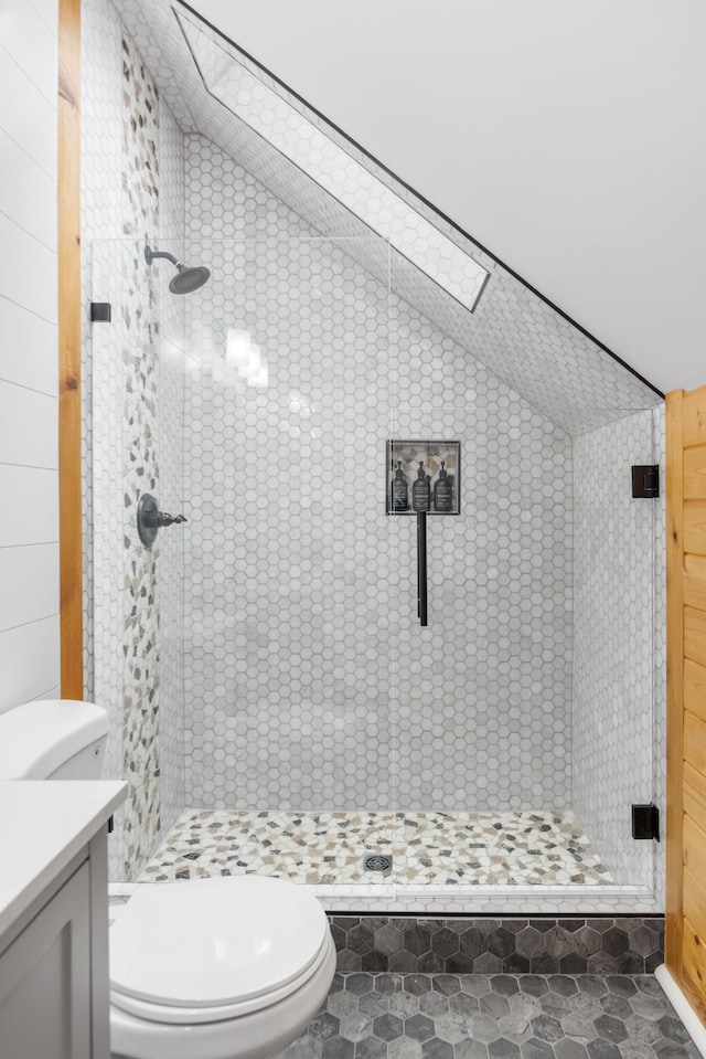 bathroom featuring toilet, a stall shower, and vanity