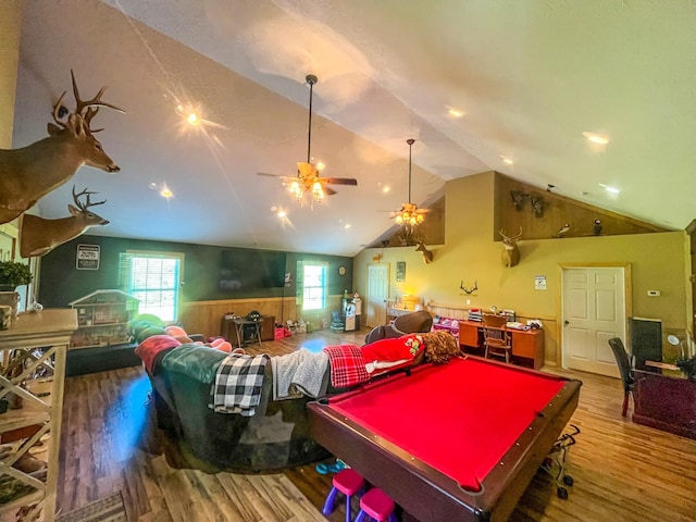 3517 Dobbins Pike, Portland, TN 37148 - rec room featuring wood finished floors, lofted ceiling, a wainscoted wall, healthy amount of natural light, and billiards