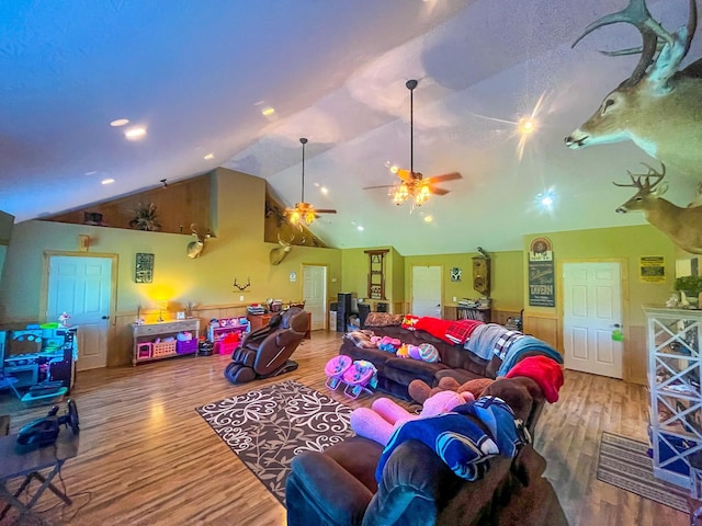 3517 Dobbins Pike, Portland, TN 37148 - living room featuring wood finished floors, ceiling fan, high vaulted ceiling, and recessed lighting