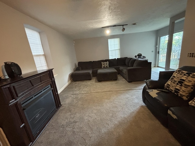 5929 Colchester Dr E, Hermitage, TN 37076 - carpeted living area with track lighting, a fireplace, baseboards, and a textured ceiling