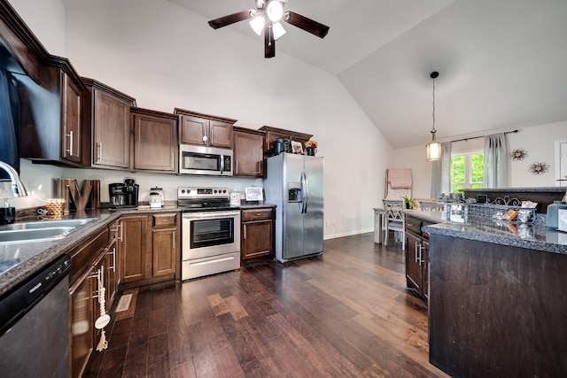 107 Tanesha Ct, Portland, TN 37148 - kitchen featuring appliances with stainless steel finishes, a sink, a ceiling fan, dark wood-style floors, and high vaulted ceiling