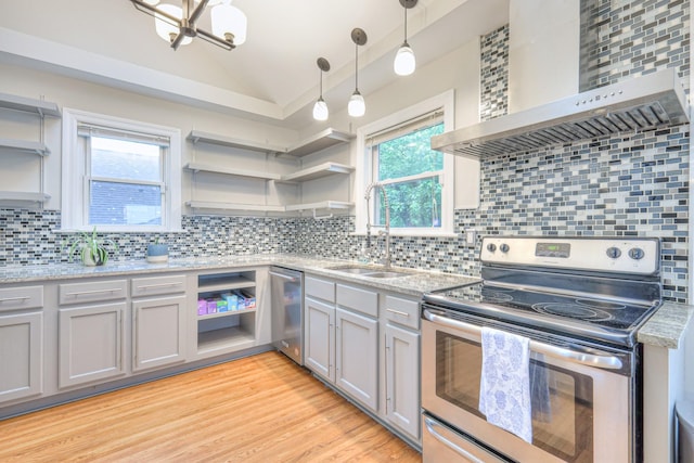 kitchen with open shelves, appliances with stainless steel finishes, wall chimney range hood, a sink, and gray cabinetry
