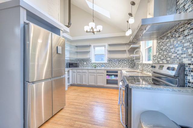 kitchen with appliances with stainless steel finishes, open shelves, a sink, lofted ceiling, and backsplash