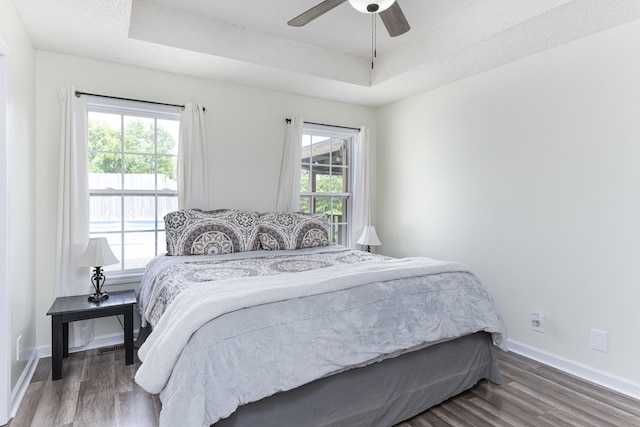 bedroom featuring a raised ceiling, multiple windows, and wood finished floors