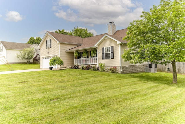 view of front facade featuring covered porch, an attached garage, central AC unit, and a front yard