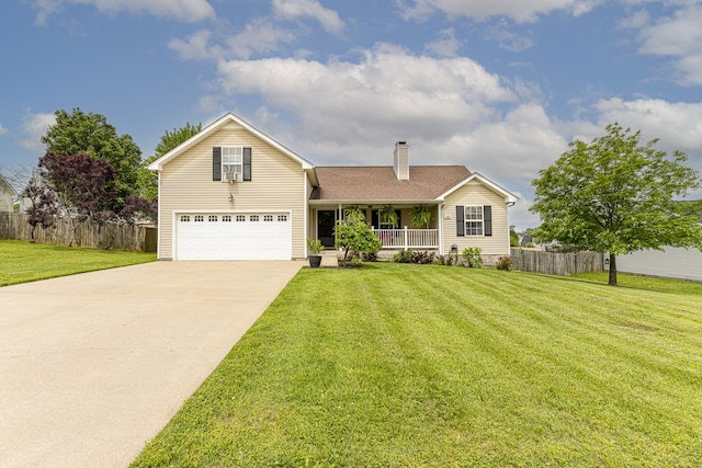 traditional-style home featuring a porch, driveway, a chimney, a garage, and roof with shingles