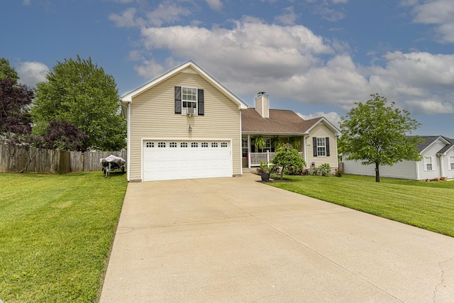 traditional-style home with driveway, an attached garage, covered porch, and a chimney