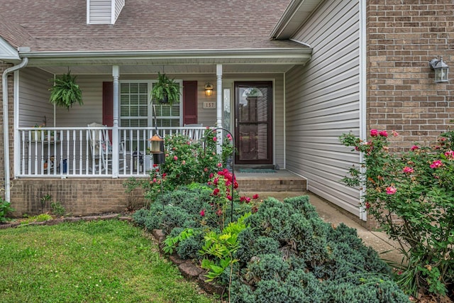 doorway to property with roof with shingles, brick siding, and covered porch