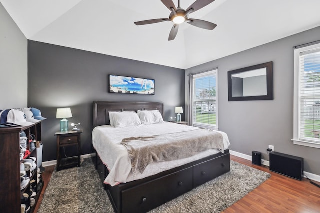 bedroom with wood finished floors, lofted ceiling, multiple windows, and baseboards
