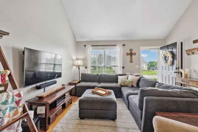 living area with wood finished floors and high vaulted ceiling
