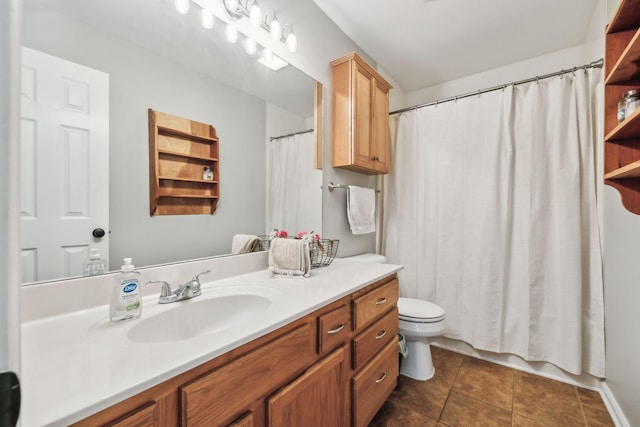 full bath featuring vanity, toilet, tile patterned floors, and a shower with shower curtain