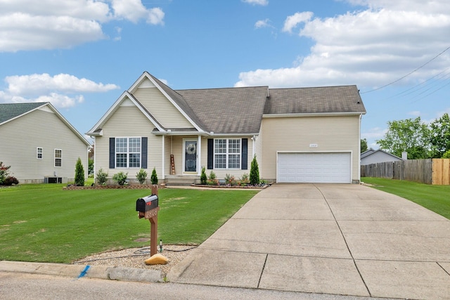 traditional-style home with concrete driveway, a shingled roof, and central air condition unit