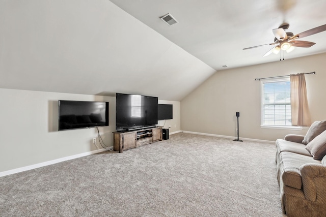 living area with vaulted ceiling, carpet flooring, a ceiling fan, and baseboards