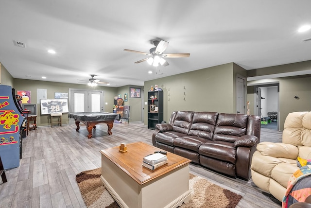 996 Gratton Rd, Clarksville, TN 37043 - living room featuring pool table, ceiling fan, recessed lighting, light wood-style flooring, and baseboards