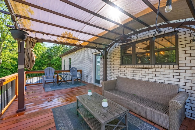 996 Gratton Rd, Clarksville, TN 37043 - wooden deck with ceiling fan, an outdoor living space, and a pergola