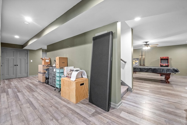 996 Gratton Rd, Clarksville, TN 37043 - below grade area featuring a ceiling fan, wood finished floors, stairs, baseboards, and recessed lighting