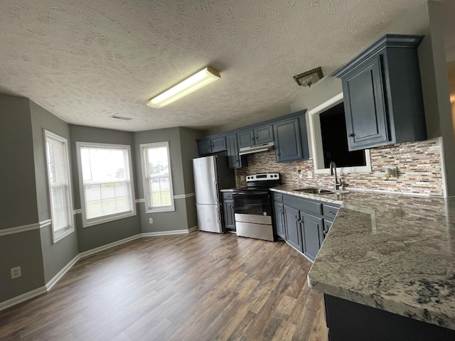 9104 Eddystone Ct, Smyrna, TN 37167 - kitchen featuring stainless steel appliances, a sink, under cabinet range hood, decorative backsplash, and dark wood-type flooring