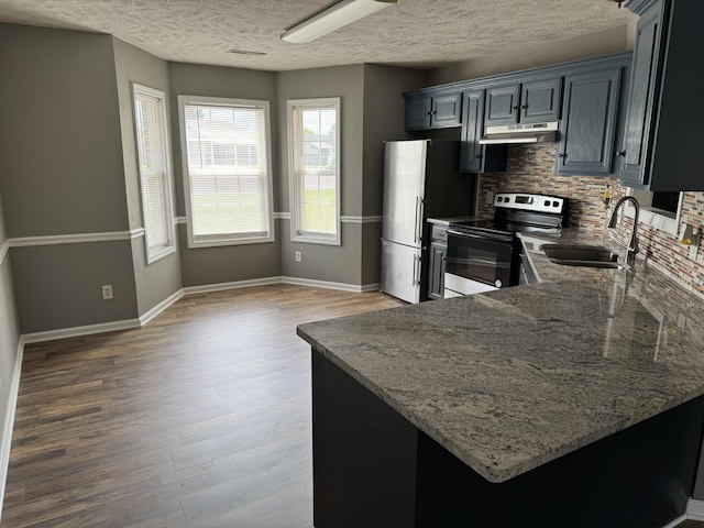 9104 Eddystone Ct, Smyrna, TN 37167 - kitchen with electric stove, freestanding refrigerator, a sink, tasteful backsplash, and under cabinet range hood