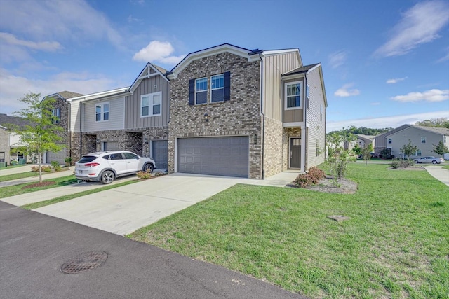 townhome / multi-family property featuring board and batten siding, a garage, a front lawn, driveway, and brick siding
