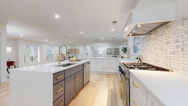 kitchen featuring appliances with stainless steel finishes, a sink, light wood-style flooring, recessed lighting, and decorative backsplash