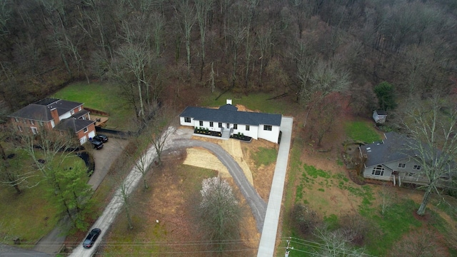view of property location with a forest