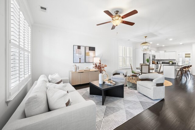 4085 Liberton Way, Nolensville, TN 37135 - living area featuring a ceiling fan, recessed lighting, dark wood-style floors, and ornamental molding