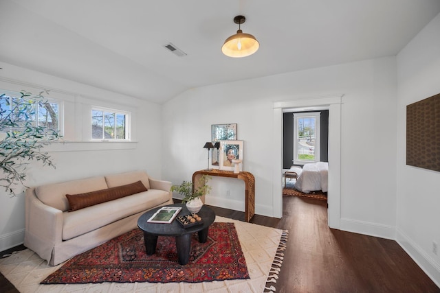 living area featuring wood finished floors, healthy amount of natural light, baseboards, and vaulted ceiling