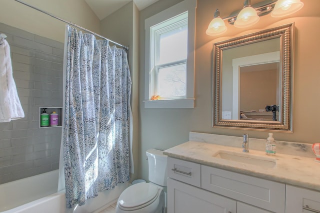 bathroom featuring toilet, vanity, and shower / bathtub combination with curtain