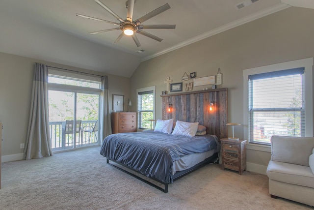 bedroom with lofted ceiling, carpet, access to outside, multiple windows, and ornamental molding