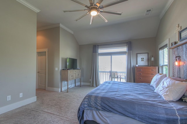 carpeted bedroom featuring lofted ceiling, baseboards, ornamental molding, access to outside, and a ceiling fan