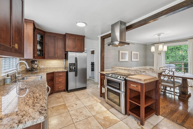 kitchen featuring stainless steel appliances, a sink, range hood, ornamental molding, and decorative backsplash