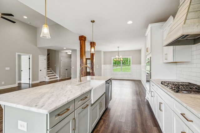 7575 Carthage Hwy, Lebanon, TN 37087 - kitchen with custom exhaust hood, a sink, dark wood-style floors, stainless steel appliances, and tasteful backsplash