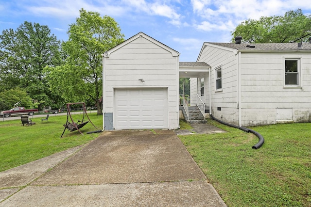 view of home's exterior with a lawn, a garage, roof with shingles, and concrete driveway