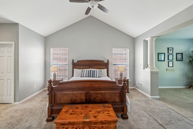 1308 Beech Hollow Dr, Nashville, TN 37211 - bedroom with carpet flooring, ornate columns, vaulted ceiling, baseboards, and a ceiling fan
