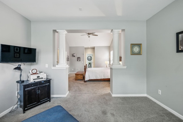 1308 Beech Hollow Dr, Nashville, TN 37211 - bedroom with decorative columns, carpet floors, baseboards, and a ceiling fan