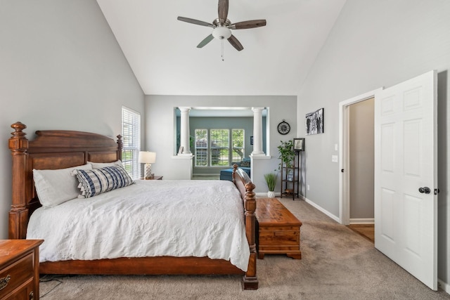 1308 Beech Hollow Dr, Nashville, TN 37211 - bedroom with ornate columns, high vaulted ceiling, carpet, baseboards, and ceiling fan
