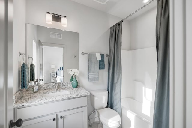 full bath with vanity, toilet, and shower / bathtub combination with curtain