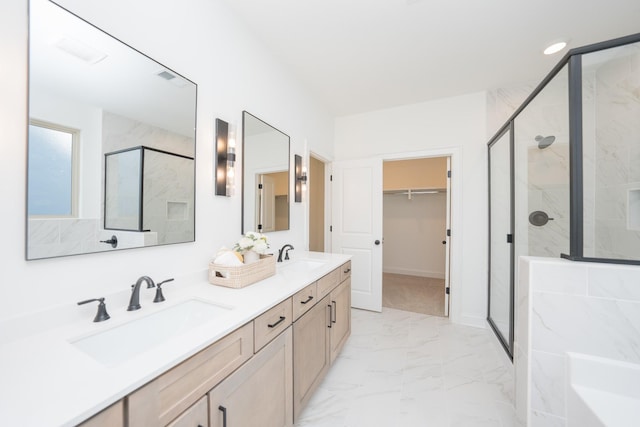 5329 Bridgemore Blvd, Murfreesboro, TN 37129 - full bath featuring marble look tile flooring, a stall shower, a walk in closet, double vanity, and a tub to relax in