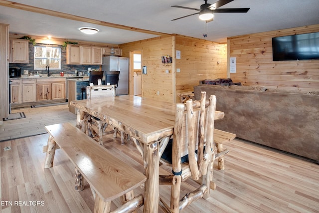 2819 Pine Haven Dr, Sevierville, TN 37862 - dining area with a ceiling fan, light wood-type flooring, and wood walls