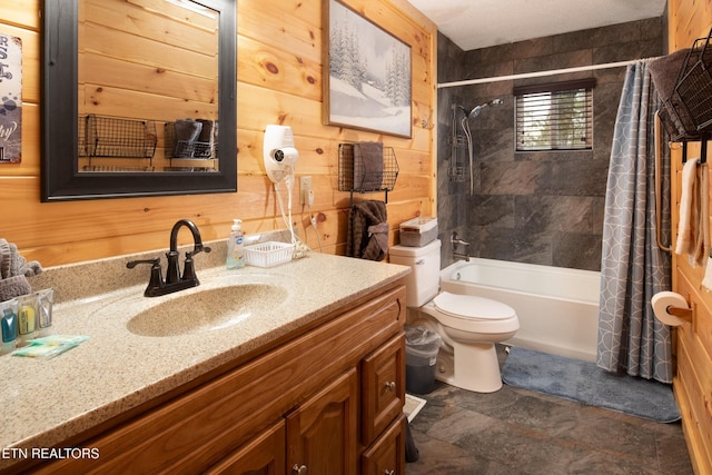 2819 Pine Haven Dr, Sevierville, TN 37862 - full bath featuring vanity, toilet, shower / bath combo, and wood walls