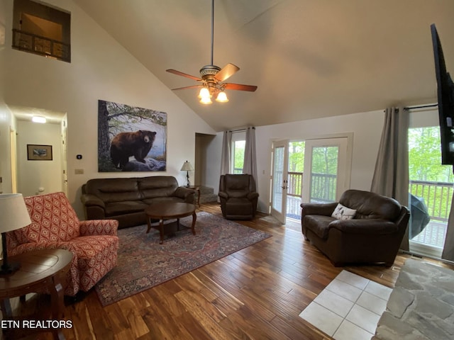 518 Deer Path Ln, Gatlinburg, TN 37738 - living room with wood finished floors, high vaulted ceiling, and ceiling fan