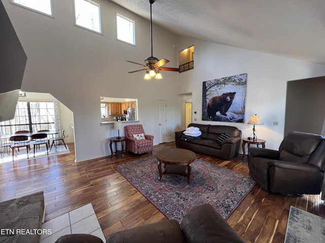 518 Deer Path Ln, Gatlinburg, TN 37738 - living room featuring healthy amount of natural light, hardwood / wood-style flooring, high vaulted ceiling, and ceiling fan