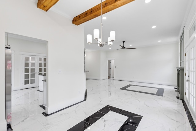 unfurnished dining area with recessed lighting, beamed ceiling, a chandelier, ceiling fan, and french doors